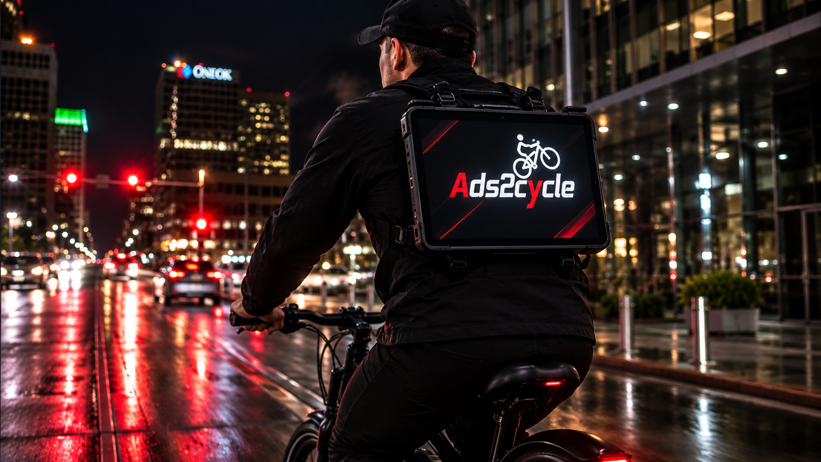 Ads2cycle rider with a mounted digital advertising screen on a Tulsa street at night